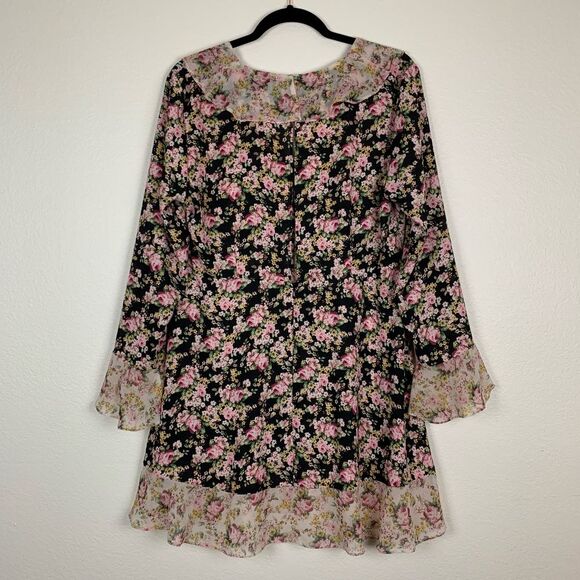 Topshop Black Floral Ruffled Bell Sleeve‎ Dress - Picture 7 of 8
